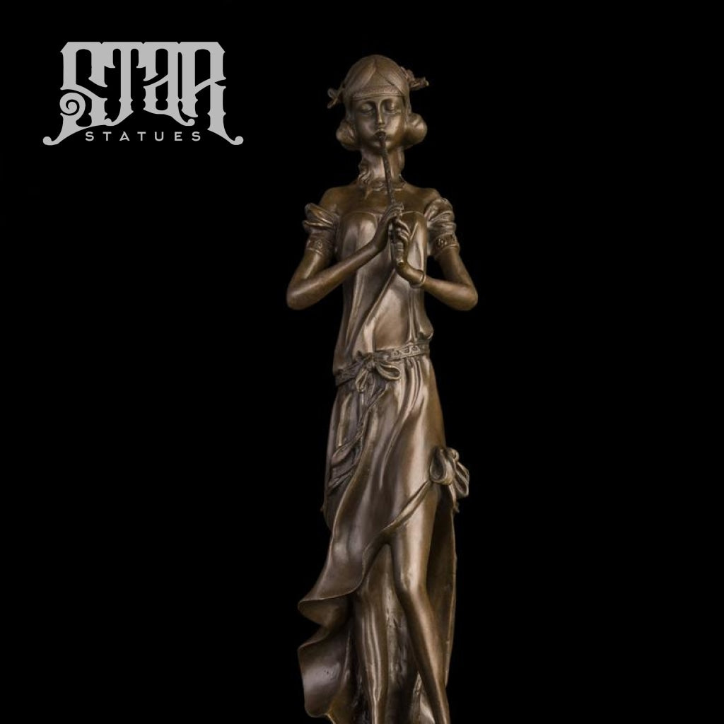 Girl Playing Flute | Western Art Sculpture Bronze Statue