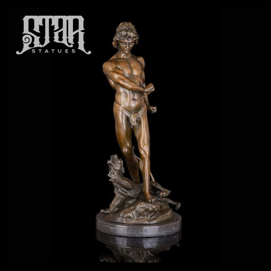 Ancient Male Hunter With Cat | Western Art Sculpture Bronze Statue