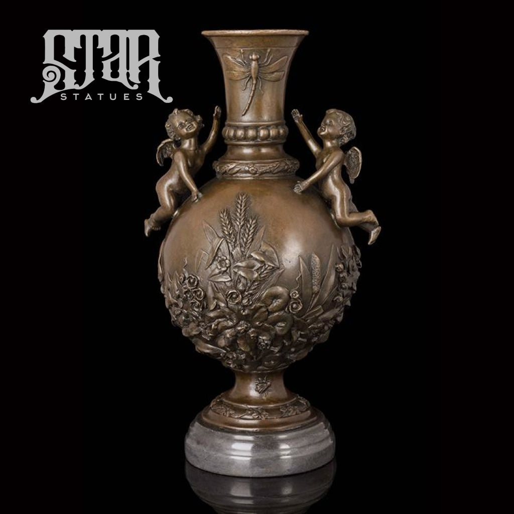 Antique Vase With Angels | Western Art Sculpture Bronze Statue