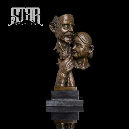 Elderly Couple Head Bust | Western Art Sculpture Bronze Statue