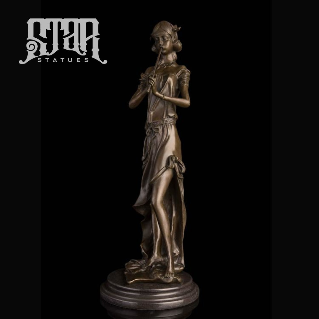 Girl Playing Flute | Western Art Sculpture Bronze Statue